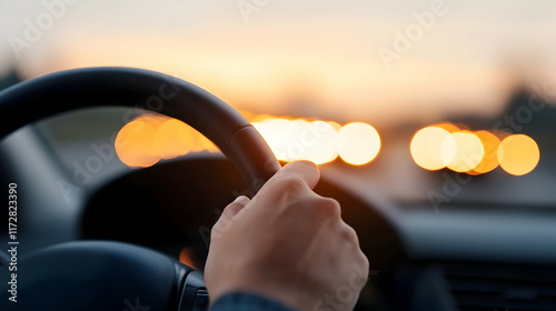 hands of car driver on steering wheel, road trip, driving on highway road photo