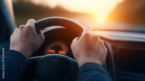 hands of car driver on steering wheel, road trip, driving on highway road photo