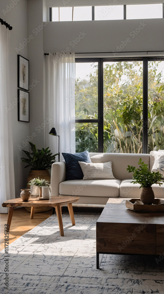 Fototapeta premium Spacious traditional rural home design with neutral color sofa large windows and soft wool rug beneath the furniture
