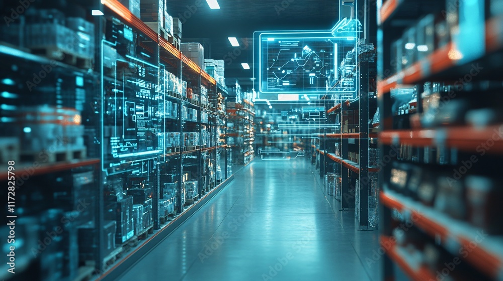 A modern warehouse showcasing advanced technology with digital overlays, enhancing inventory management and efficiency. A modern warehouse showcasing advanced technology with digital overlays, enhancing inventory management and efficiency.