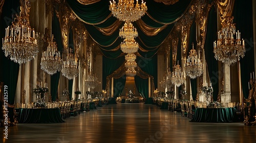 A regal wedding hall with emerald green and gold accents, crystal chandeliers, and velvet drapes.