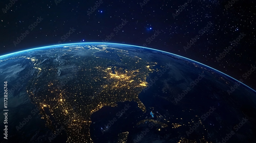A breathtaking view of Earth from space, showcasing the illuminated cities of North America against a backdrop of stars.