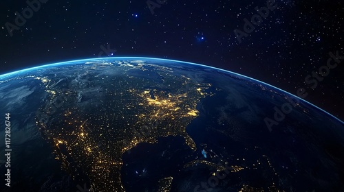 Obraz na płótnie A breathtaking view of Earth from space, showcasing the illuminated cities of North America against a backdrop of stars. w salonie