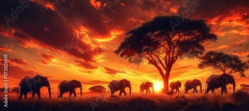 Silhouette of an Elephant Herd Walking Across the Savanna Against a Fiery African Sunset