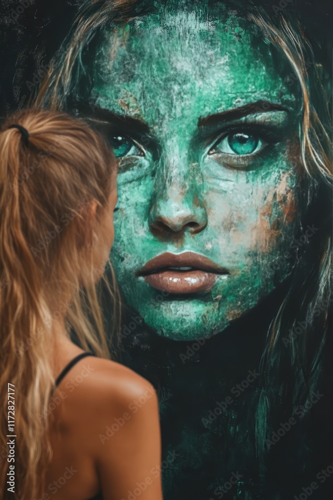 Female Artist With Ponytail Adds Details To Large, Green, Textured Portrait, Urban Creativity Female Artist With Ponytail Adds Details To Large, Green, Textured Portrait, Urban Creativity