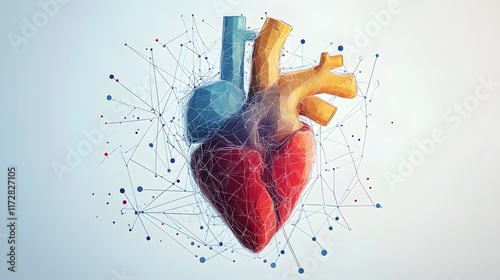 Digital art of a human heart with a polygonal style and network effect. heart disease risk factor