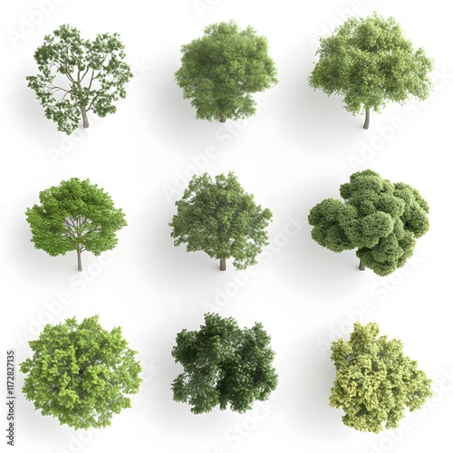 Overhead View: Nine Lush Green Trees, Summer Foliage, Naturalistic Style photo