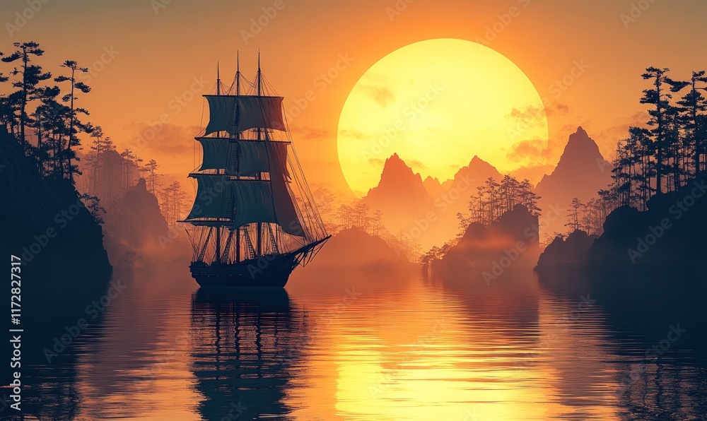 Fototapeta premium Sunset sailboat, tranquil mountains, serene waters.