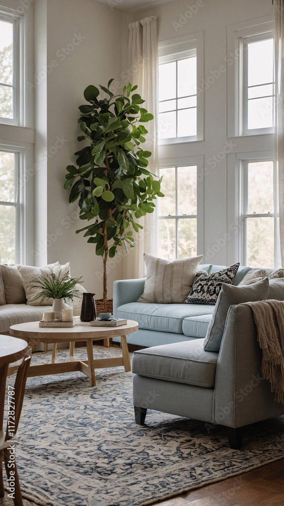 Timeless traditional rural living room with neutral color sofa large windows and vintage rug under the furniture Timeless traditional rural living room with neutral color sofa large windows and vintage rug under the furniture