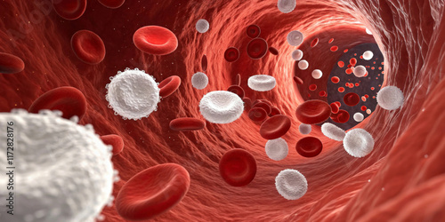 Detailed depiction of a human blood vessel showcases red and white blood cells flowing actively through it.Vibrant red and white colors contrast against the circular, tubular interior of the vessel.AI
