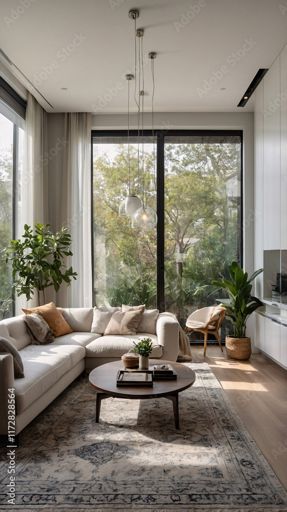 Fototapeta premium Traditional rural home with neutral sofa ample natural light from expansive windows and a soft rug under the furniture