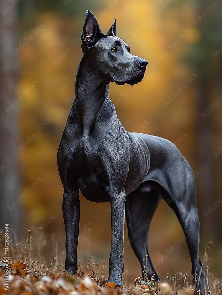 Majestic Great Dane Poses Gracefully in Autumnal Woods: Stunning Photo. AI Generated Majestic Great Dane Poses Gracefully in Autumnal Woods: Stunning Photo. AI Generated
