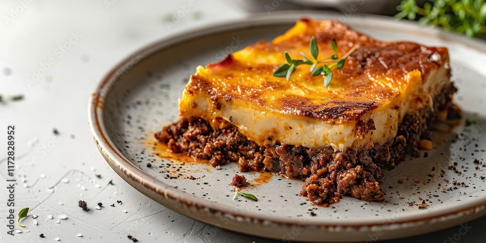 An extremely close-up of Moussaka on a plate against a stark white backdrop with plenty of writing area for background or text content, Generative AI. An extremely close-up of Moussaka on a plate against a stark white backdrop with plenty of writing area for background or text content, Generative AI.