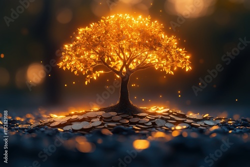 Baum des Wohlstands mit goldenen Blättern und Münzen