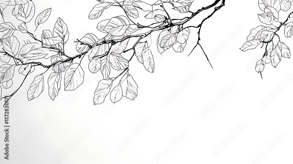 Fototapeta premium tree branch with leaves line art black white background