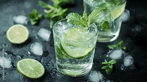 Fototapeta Naklejka Na Ścianę i Meble -  Refreshing Mojito Cocktails: Lime, Mint, and Ice