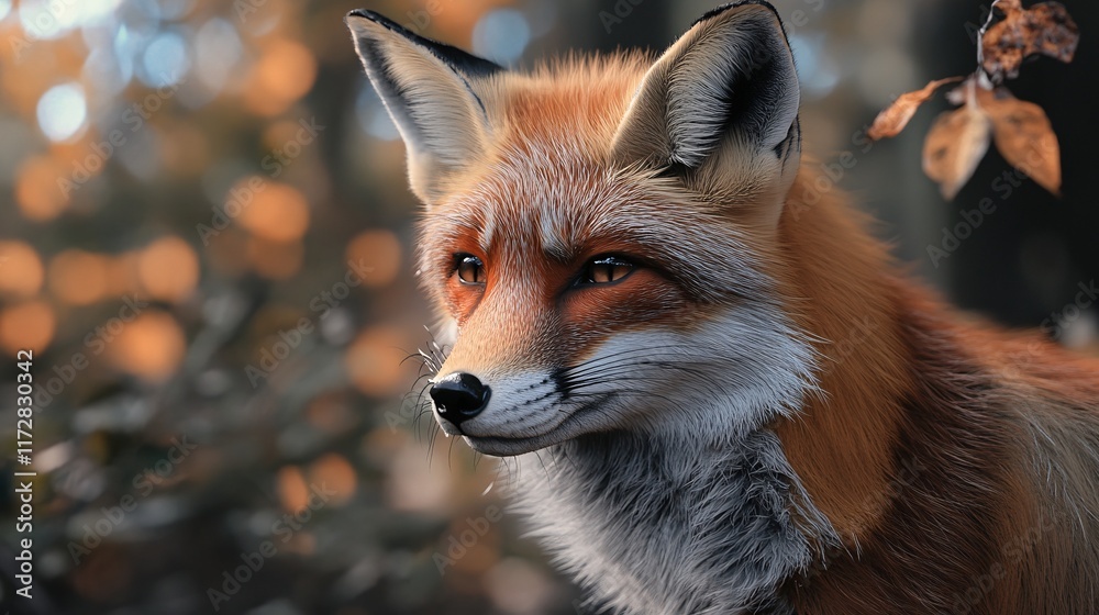 Fototapeta premium A close-up of a red fox in a serene forest setting, showcasing its striking fur and intelligent expression.