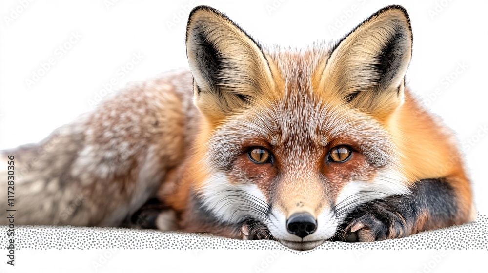 Fototapeta premium A close-up of a red fox resting, showcasing its vibrant orange fur and sharp eyes.