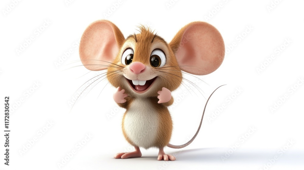 A cheerful cartoon mouse with big ears and a friendly smile, standing with its hands raised. A cheerful cartoon mouse with big ears and a friendly smile, standing with its hands raised.