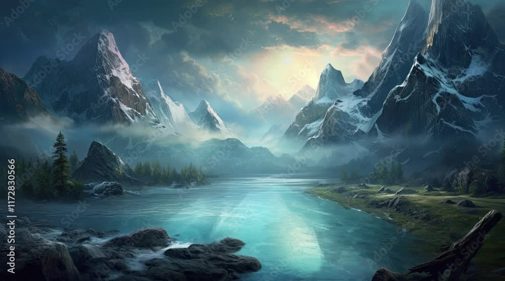 A view of a river and mountains in the morning. 4k animated video