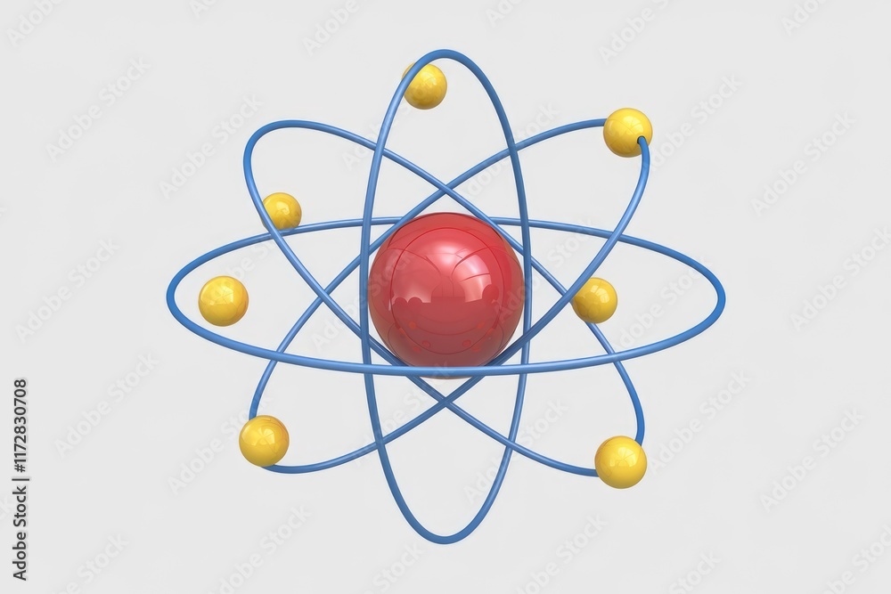 3D model of an atom with blue orbits and yellow electrons 3D model of an atom with blue orbits and yellow electrons