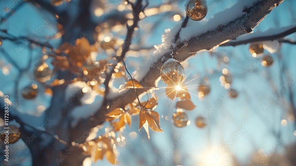 Snow-covered branches adorned with golden ornaments, sunlight shining through. Snow-covered branches adorned with golden ornaments, sunlight shining through.