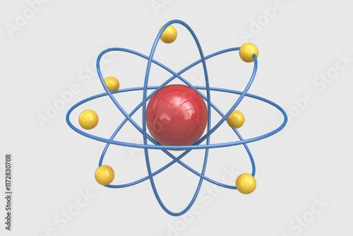 3D model of an atom with blue orbits and yellow electrons