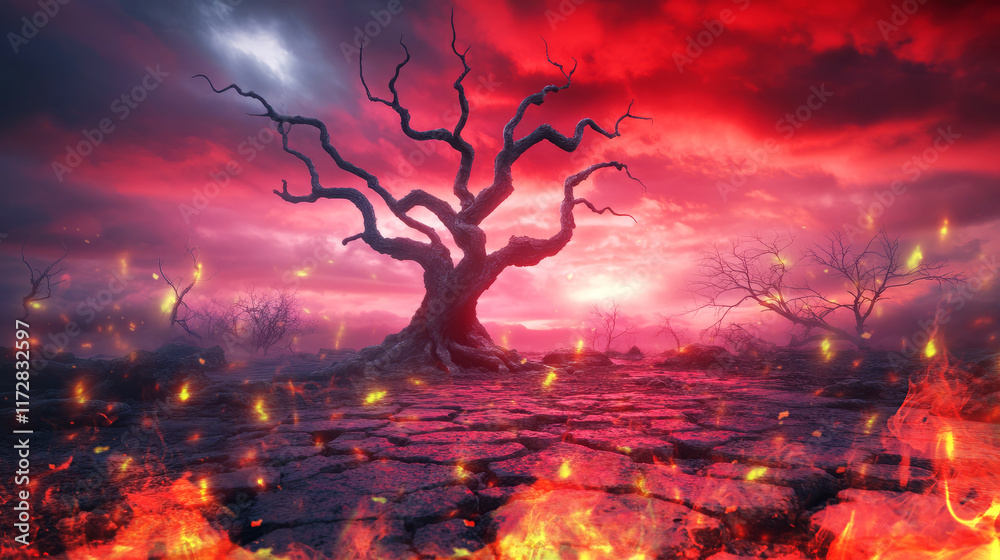 Striking Landscape of Gloomy Sky with Fiery Red Clouds and Dead Tree in Desolate Environment
