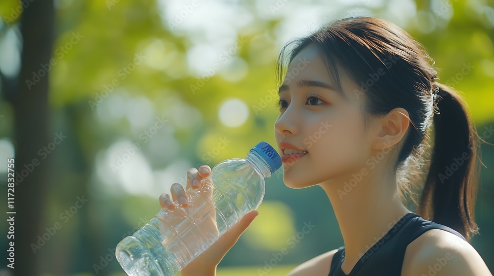 Refreshing Hydration: Young Woman Drinks Water in a Park Refreshing Hydration: Young Woman Drinks Water in a Park