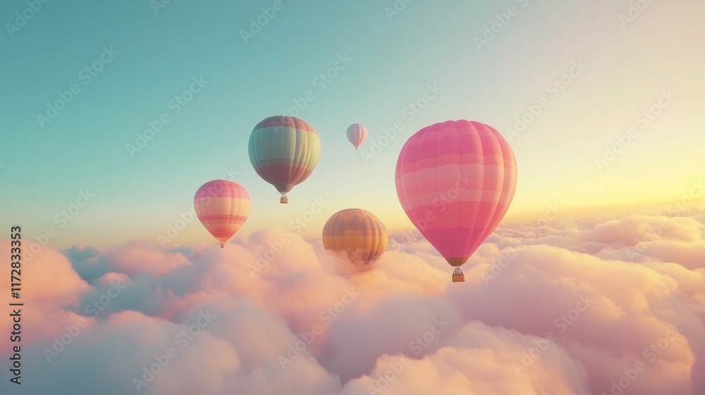 Colorful hot air balloons above soft clouds at sunrise Colorful hot air balloons above soft clouds at sunrise