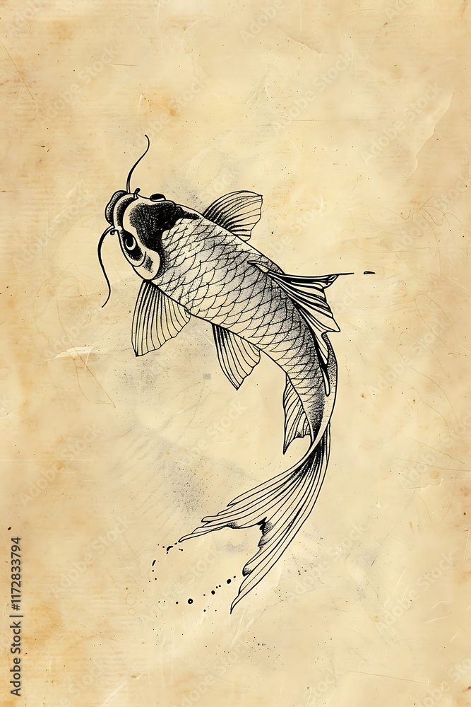 Fototapeta premium koi fish swimming outline black beige background