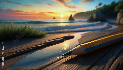 A sharpened pencil with a semi-transparent wood casing, revealing a miniature sunset beach scene within its core