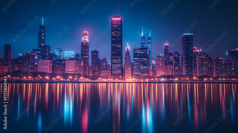 Fototapeta premium Dazzling Cityscape at Night with Long Exposure of Skyline