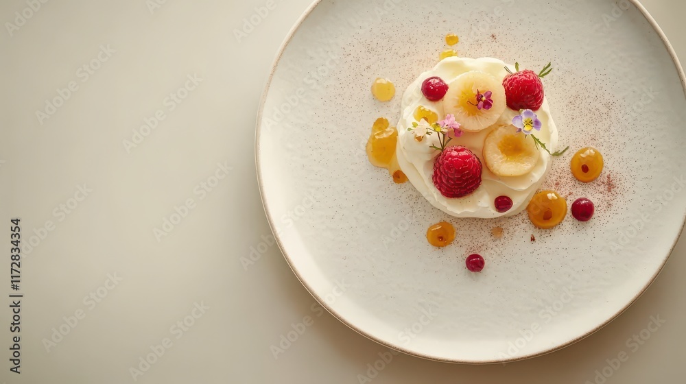 Handcrafted dessert on minimalist plate with vivid fruits and taupe background Handcrafted dessert on minimalist plate with vivid fruits and taupe background