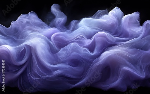 Abstract swirling purple and blue smoke on black background.