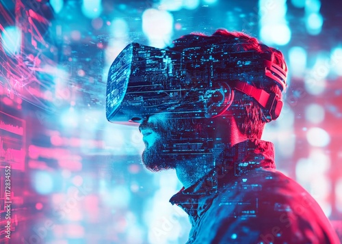 Software engineer wearing virtual reality headset exploring metaverse and digital world