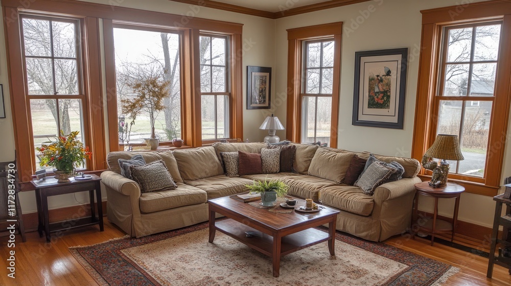 Fototapeta premium A cozy living room with a stylish sectional sofa, warm wood furniture, and potted greenery.