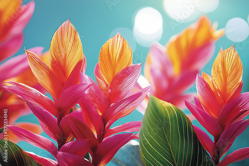 Pink tropical flowers blooming in sunlight with bokeh background, suitable for backgrounds