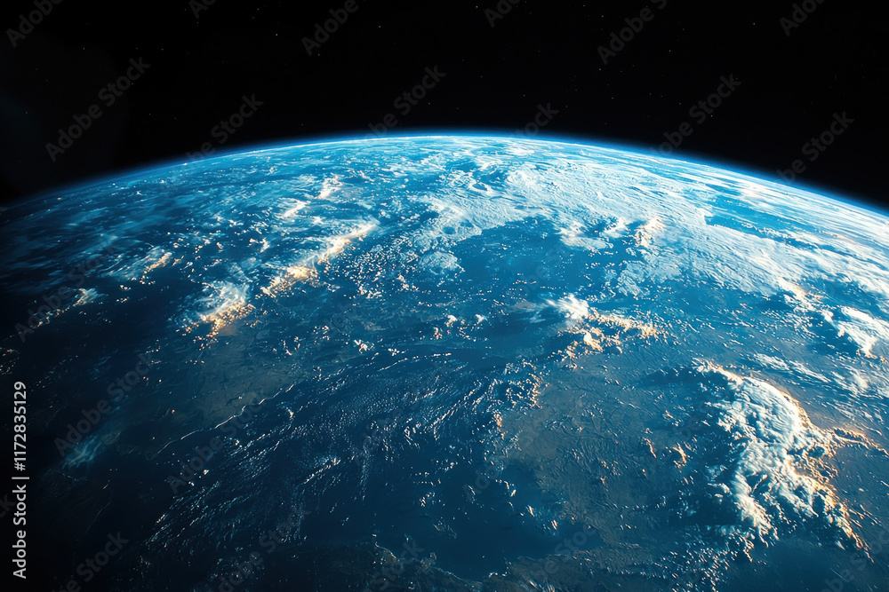 Obraz premium Earth from space at sunrise, clouds, continents, starfield background, space exploration