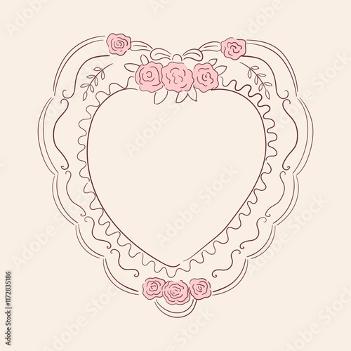 Cute heart shaped vintage frame with rose flowers. Hand drawn coquette template for card, poster, print design. Ornate girly decoration for valentine day, wedding celebration. Line art vector
