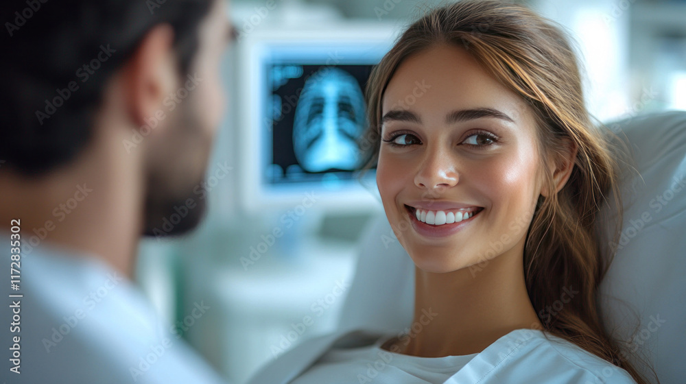 An X-ray technician guiding a patient through positioning for a chest X-ray An X-ray technician guiding a patient through positioning for a chest X-ray