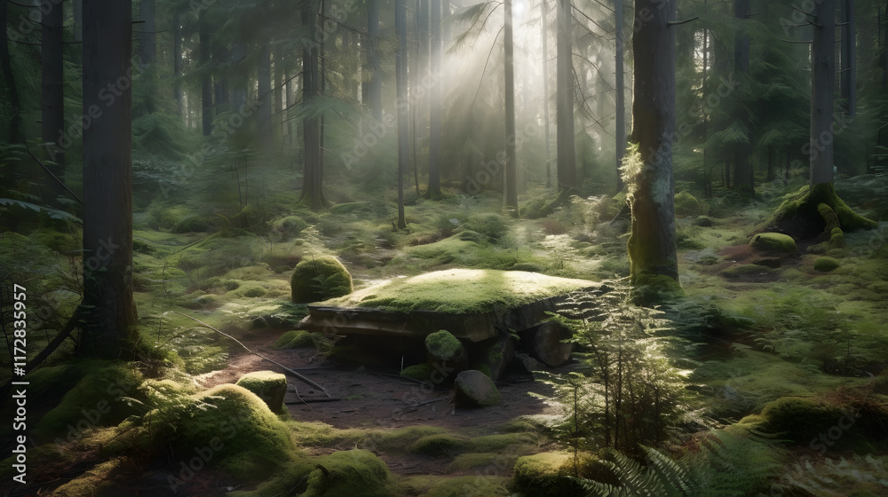 Obraz premium a forest with a bench in the middle