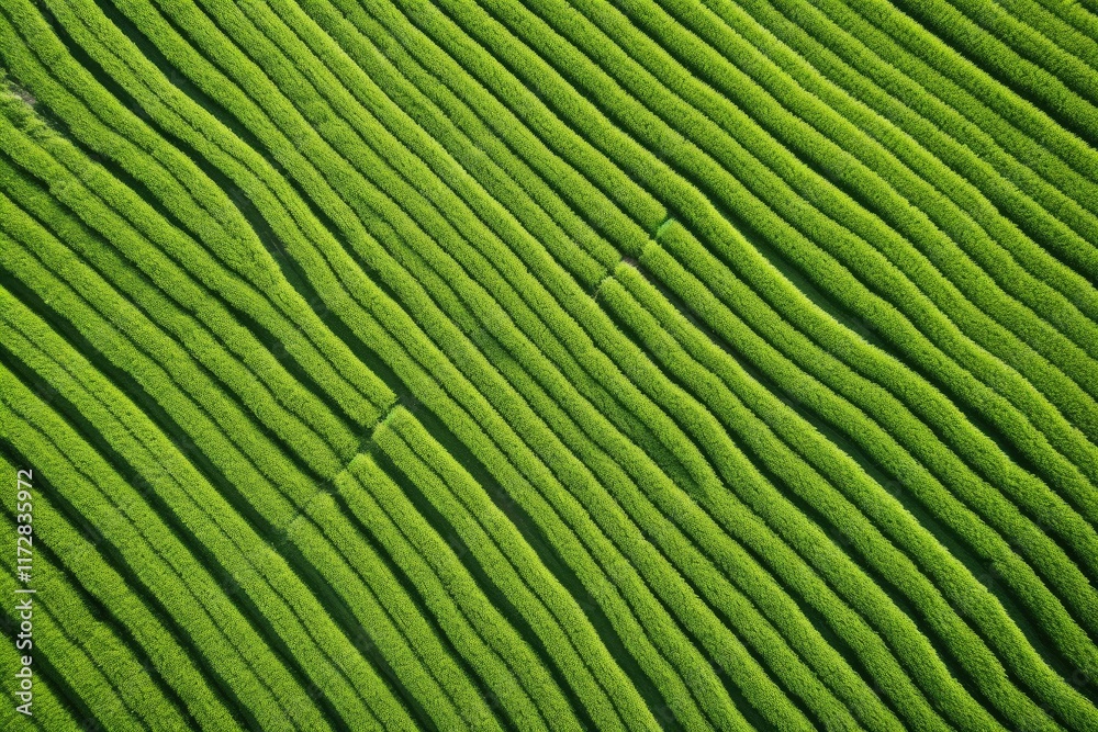 Fototapeta premium Lines of vibrant green rice plants stretching across a vast paddy field, creating a mesmerizing agricultural landscape