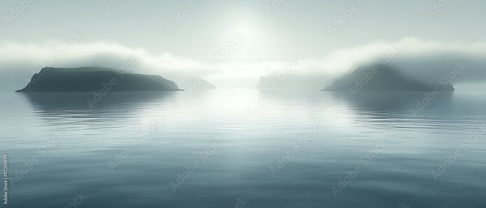 Fototapeta premium Misty islands on a calm sea at sunrise.