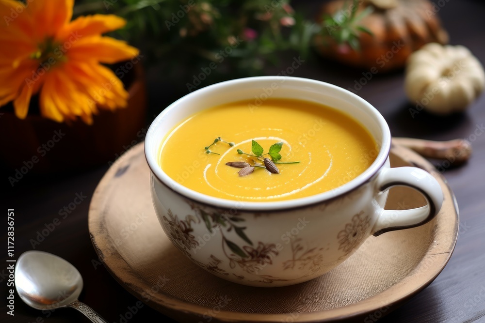 Creamy pumpkin soup served in a decorated cup, garnished with seeds and herbs, creating a warm and inviting autumnal scene Creamy pumpkin soup served in a decorated cup, garnished with seeds and herbs, creating a warm and inviting autumnal scene