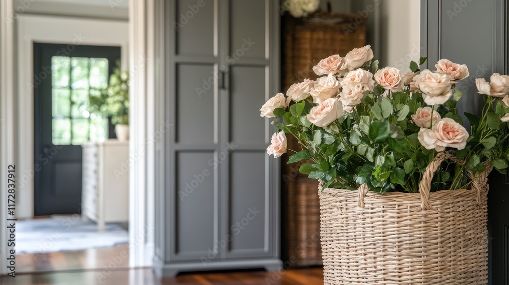 Fototapeta premium A neutral-toned storage cabinet with woven baskets in a cozy entryway.