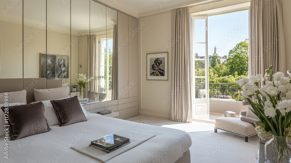 Fototapeta premium A sleek, mirrored storage cabinet reflecting natural light in a luxurious bedroom.