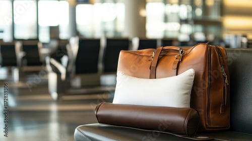 A luxury travel pillow displayed in an airport lounge setup with a carry-on bag photo