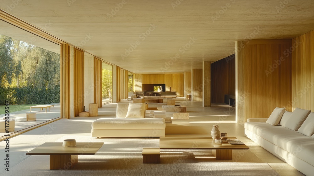 Fototapeta premium A spacious living room in minimalist style with a comfortable sofa, sleek tables, and natural light.