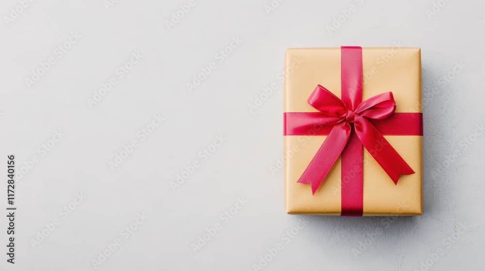 Gold-wrapped gift box with a red ribbon bow, isolated on white